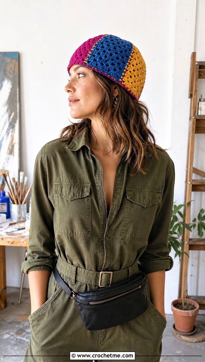 Patchwork Crochet Beanie With Utility Jumpsuit - 15 Crochet Lightweight Beanie outfit ideas