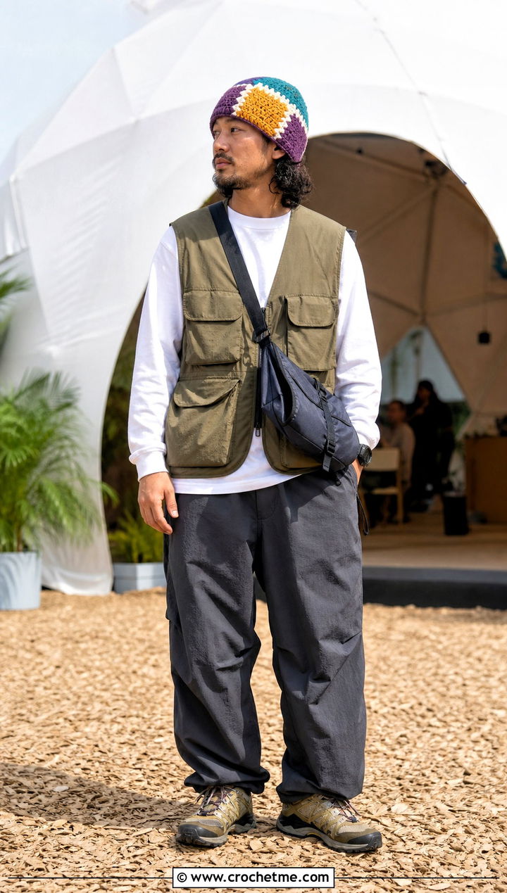 Patchwork Crochet Beanie With Utility Vest - 35 mens crochet beanie outfit ideas