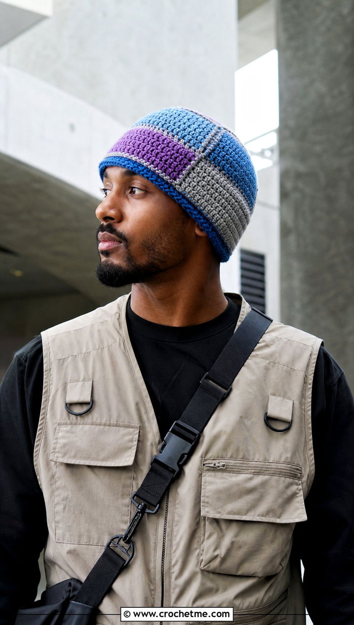 Patchwork Crochet Beanie With Utility Vest - 25 Easy Mens Crochet Beanie outfit ideas