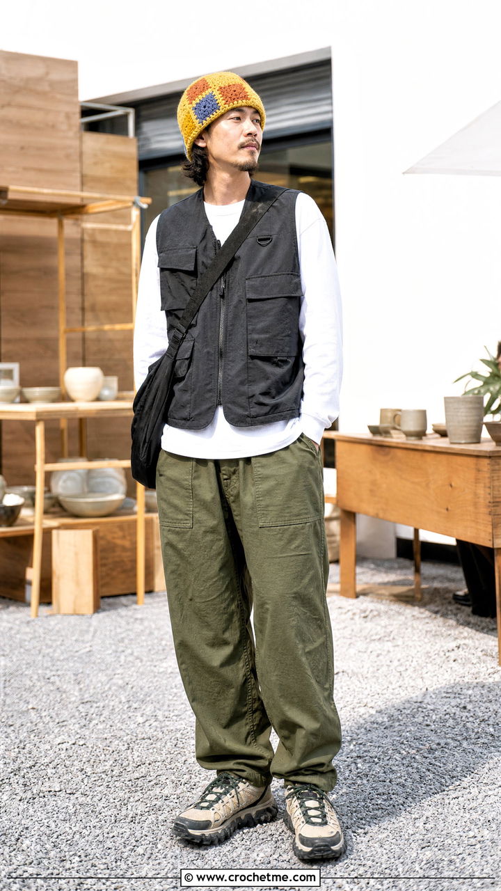 Patchwork Crochet Beanie With Utility Vest - 35 men's crochet beanie outfit ideas