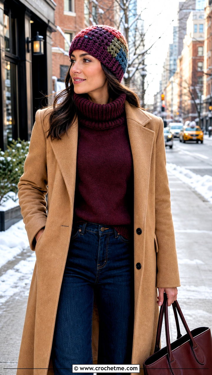 Patchwork Crochet Beanie With Wool Coat And Straight Leg Jeans - 20 unique crochet beanie outfit ideas