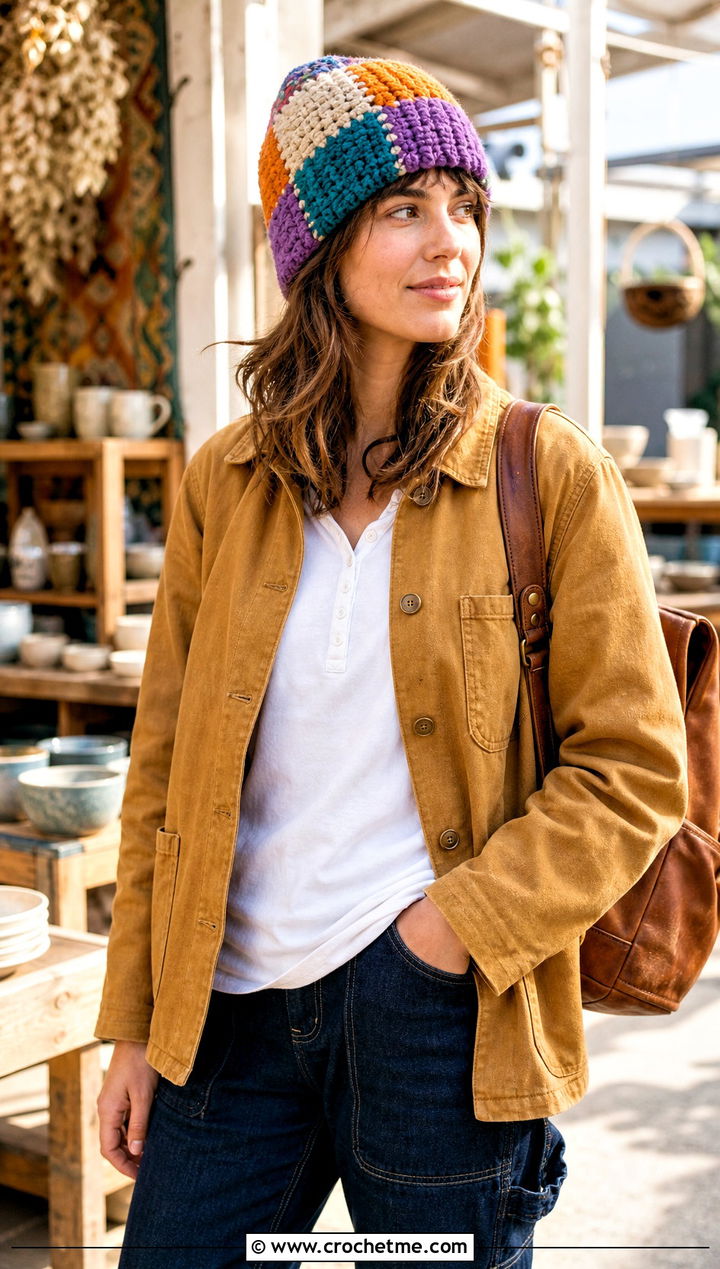Patchwork Crochet Beanie With Workwear Jacket - 25 Women Crochet Beanie outfit ideas