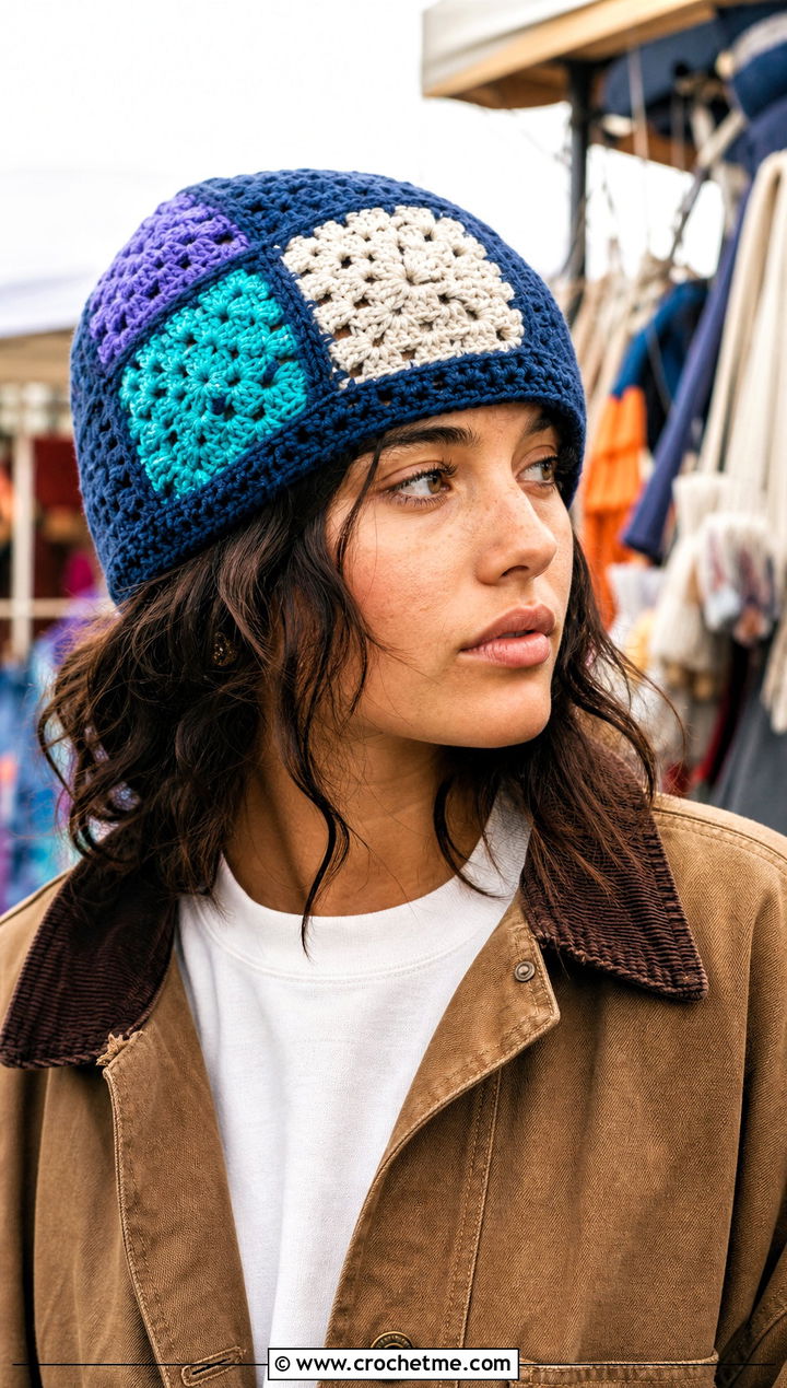 Patchwork Crochet Beanie With Workwear Jacket - 30 crochet beanies for women outfit ideas