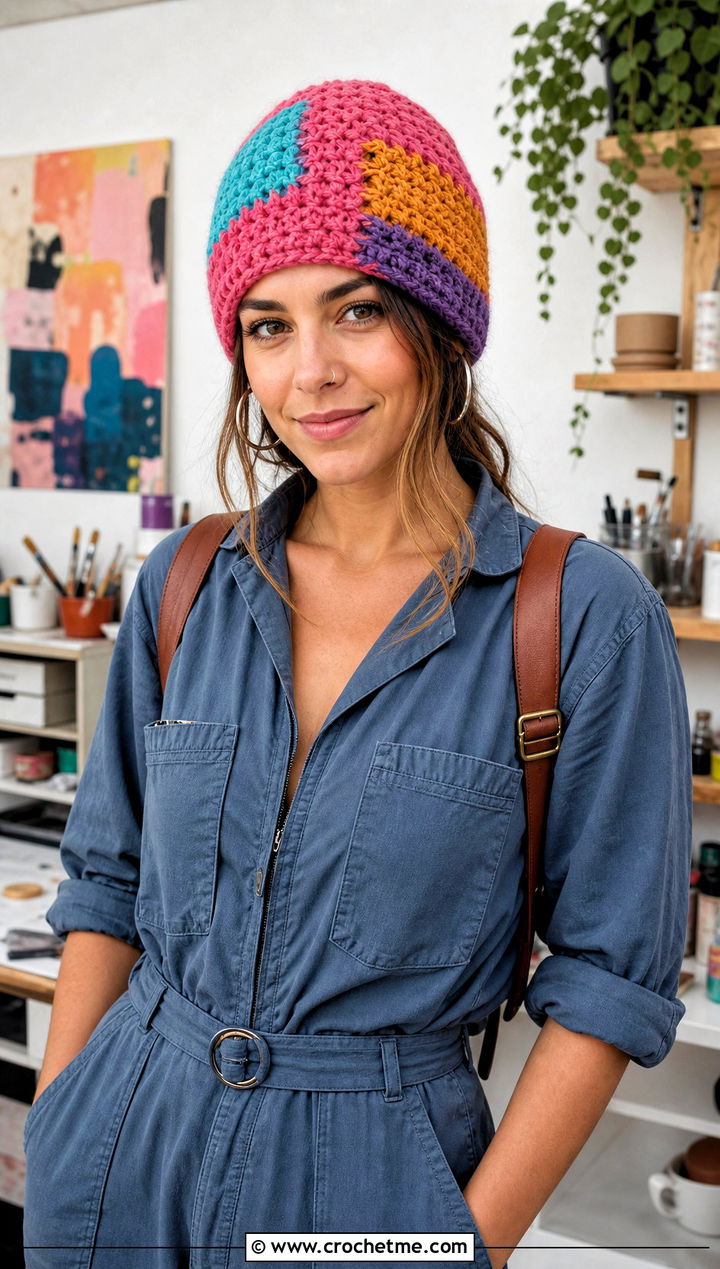 Patchwork Crochet Beanie With Workwear Jumpsuit - 25 3 Weight Yarn Crochet Beanie outfit ideas