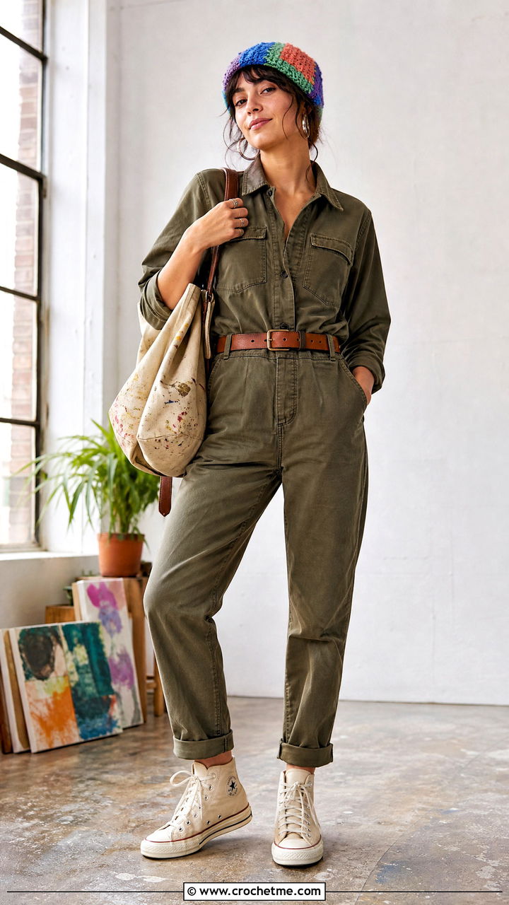 Patchwork Crochet Beanie With Workwear Jumpsuit - 35 easy crochet beanie outfit ideas