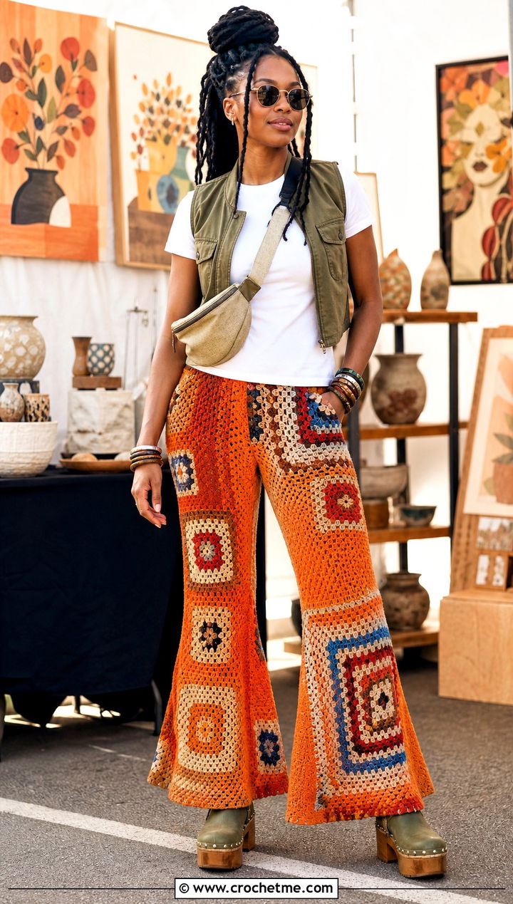 Patchwork Crochet Bell Bottom Pants With Utility Vest - 15 crochet bell bottom pants outfit ideas