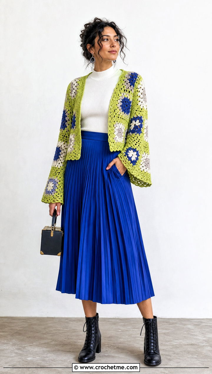 Patchwork Crochet Bell Sleeve Cardigan With Pleated Skirt - 30 crochet bell sleeve cardigan outfit ideas
