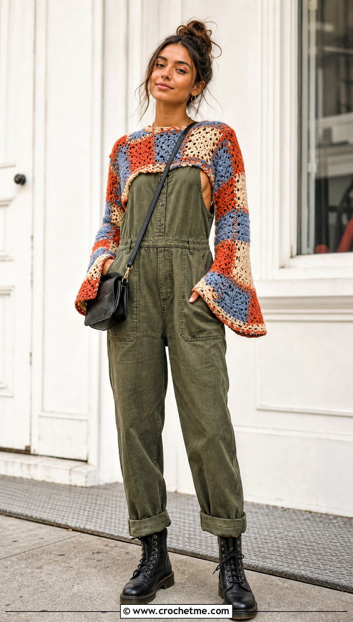 Patchwork Crochet Bell Sleeve Sweater With Utility Jumpsuit - 25 crochet bell sleeve sweater outfit ideas