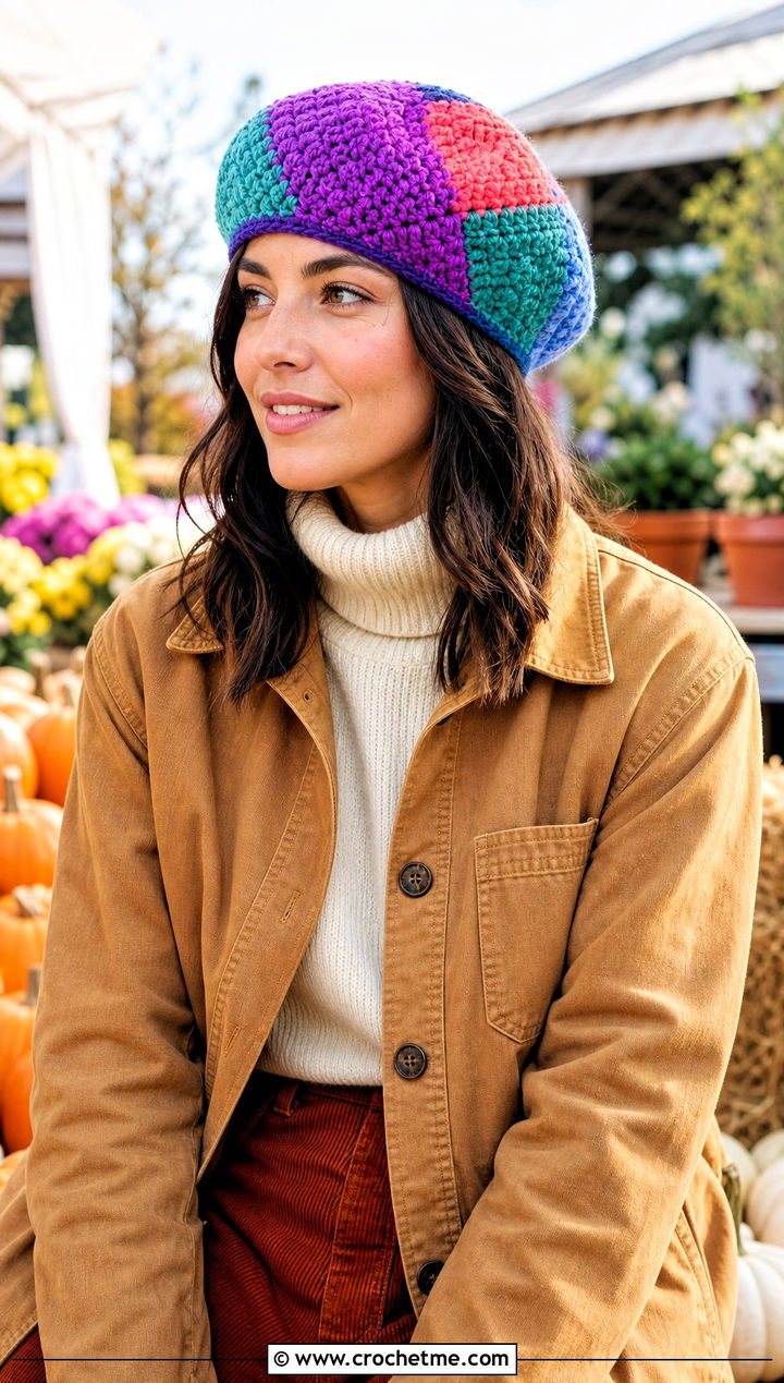 Patchwork Crochet Beret With Chore Jacket And Corduroy Pants - 30 crochet berets outfit ideas