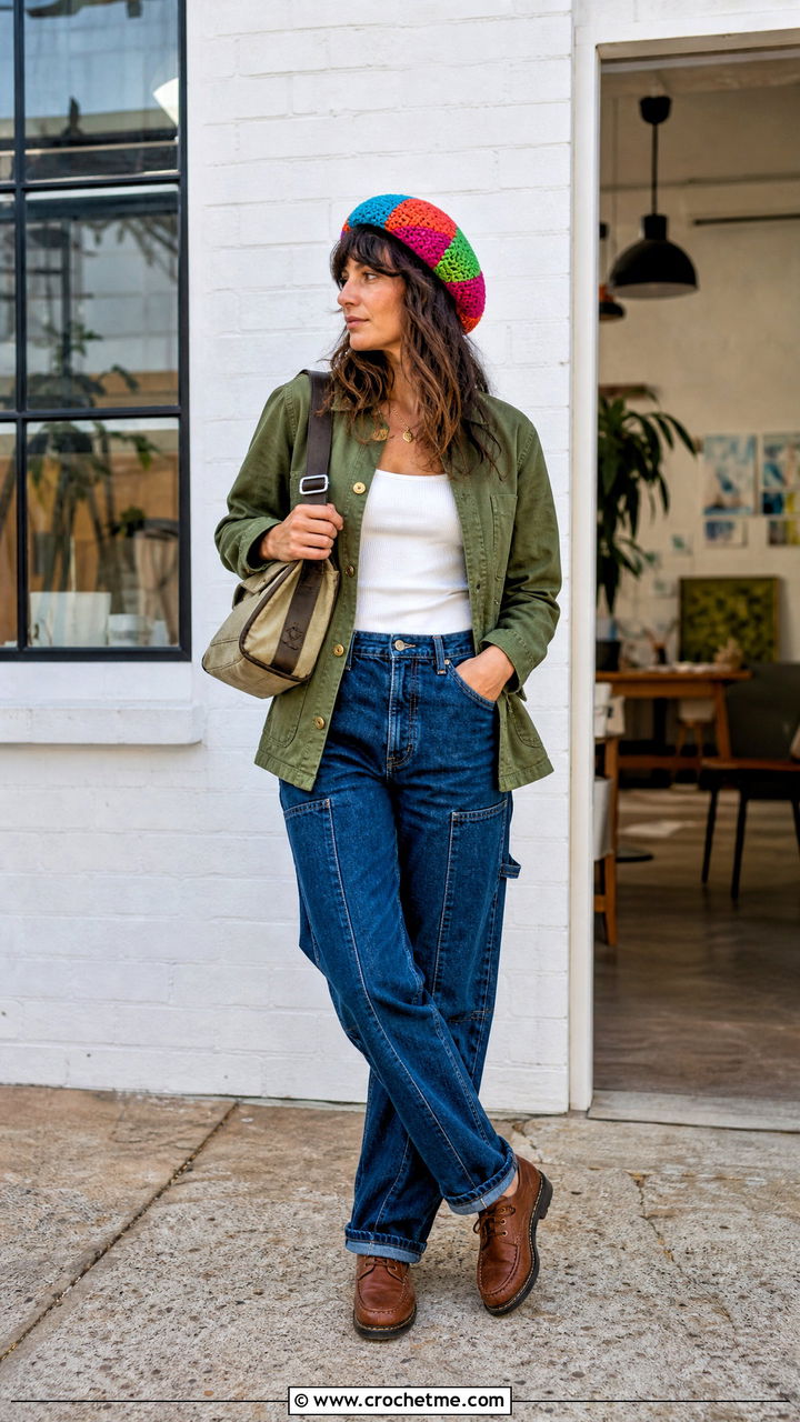 Patchwork Crochet Beret With Chore Jacket - 35 crochet beret outfit ideas