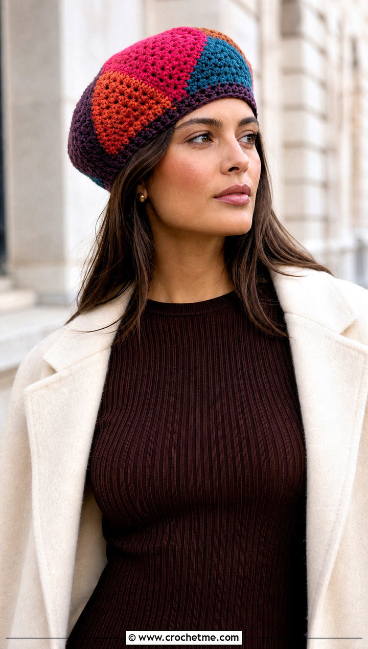 Patchwork Crochet Beret With Knit Dress And Knee High Boots - 15 Womens Crochet Beret outfit ideas
