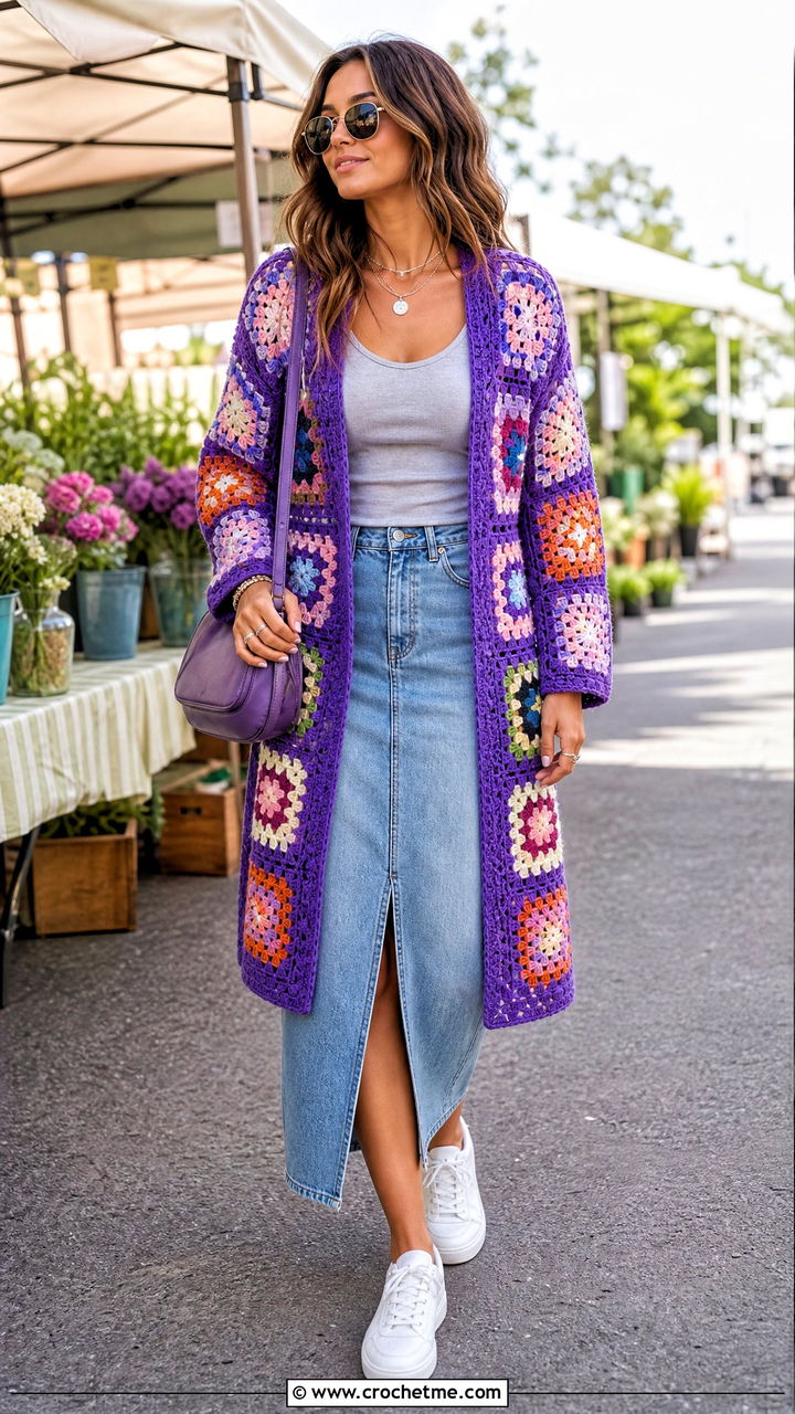 Patchwork Crochet Blanket Cardigan With Denim Skirt - 35 crochet blanket cardigan outfit ideas