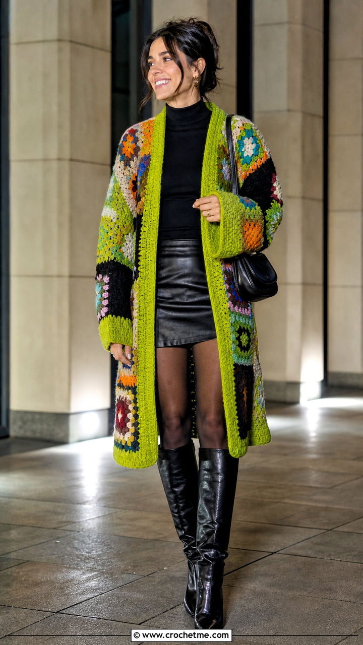 Patchwork Crochet Blanket Cardigan With Leather Mini Skirt - 35 crochet blanket cardigan outfit ideas
