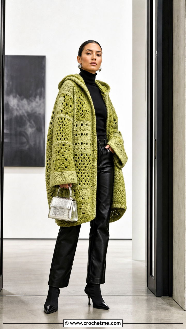 Patchwork Crochet Blanket Hoodie With Leather Pants - 30 crochet blanket hoodie outfit ideas