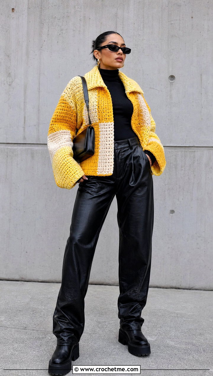 Patchwork Crochet Blanket Jacket With Leather Pants - 25 crochet blanket jacket outfit ideas