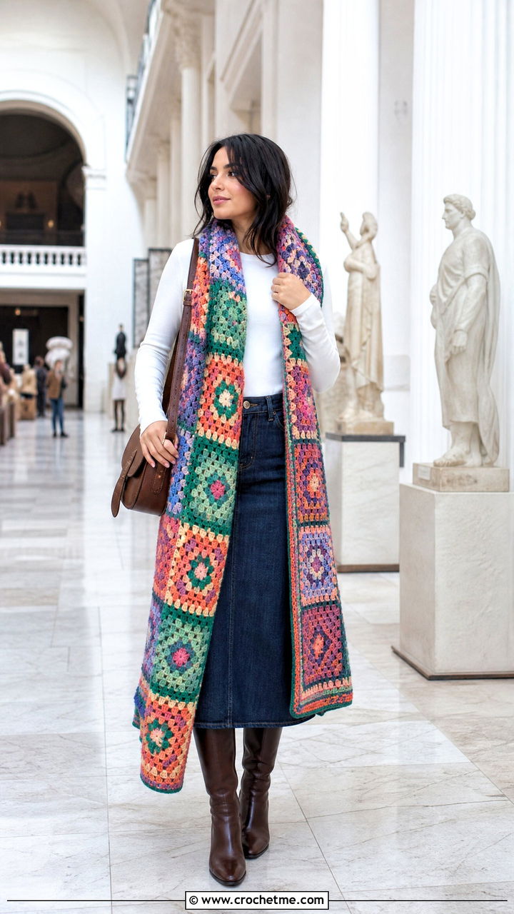 Patchwork Crochet Blanket Scarf With Denim Skirt - 35 crochet blanket scarf outfit ideas