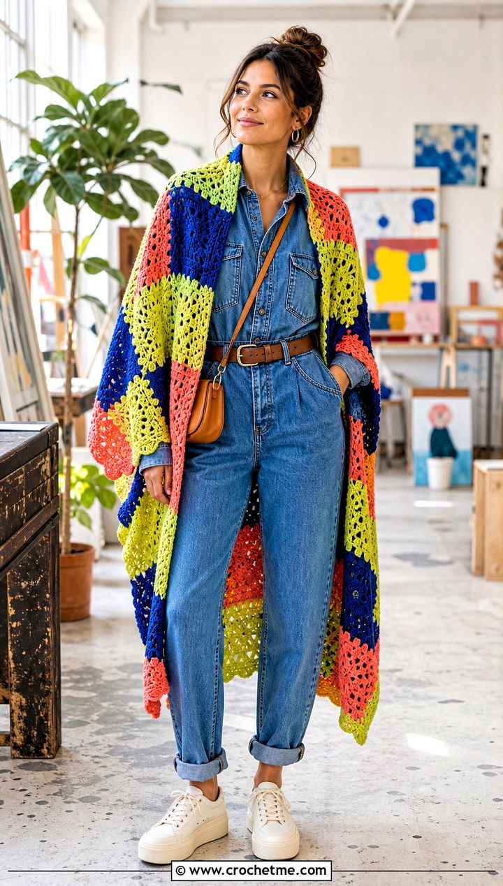 Patchwork Crochet Blanket Shawl With Denim Jumpsuit - 30 crochet blanket shawl outfit ideas