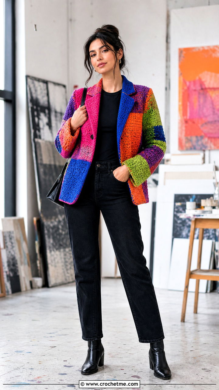 Patchwork Crochet Blazer With Black Jeans - 35 crochet blazer outfit ideas