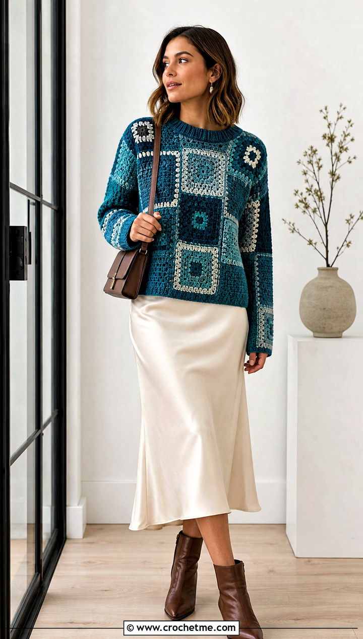 Patchwork Crochet Block Sweater With a Satin Midi Skirt - 30 crochet block sweater outfit ideas