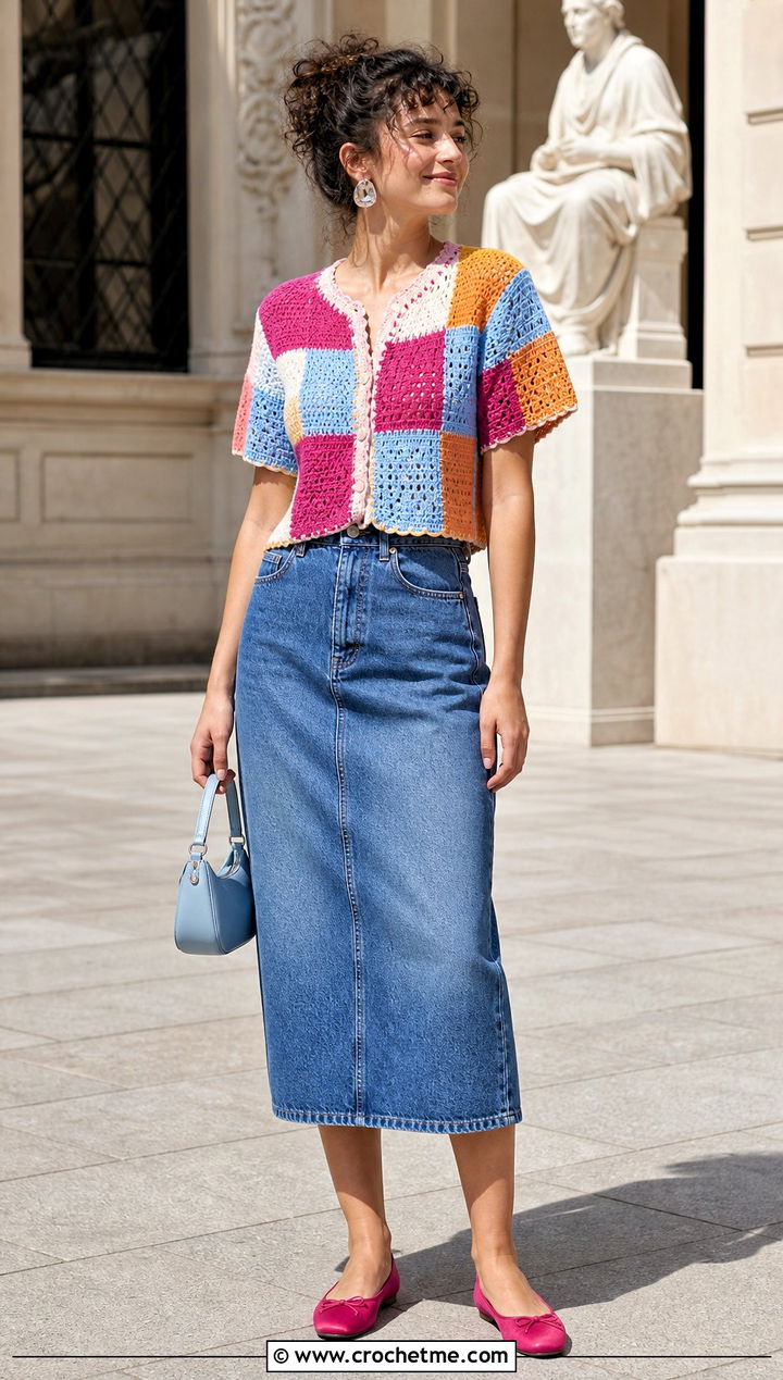 Patchwork Crochet Blouse With A Denim Midi Skirt - 15 colorful crochet blouse design outfit ideas