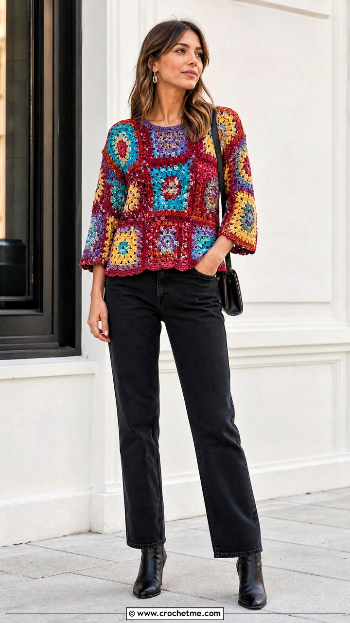Patchwork Crochet Blouse With Black Jeans - 35 crochet blouse for women outfit ideas