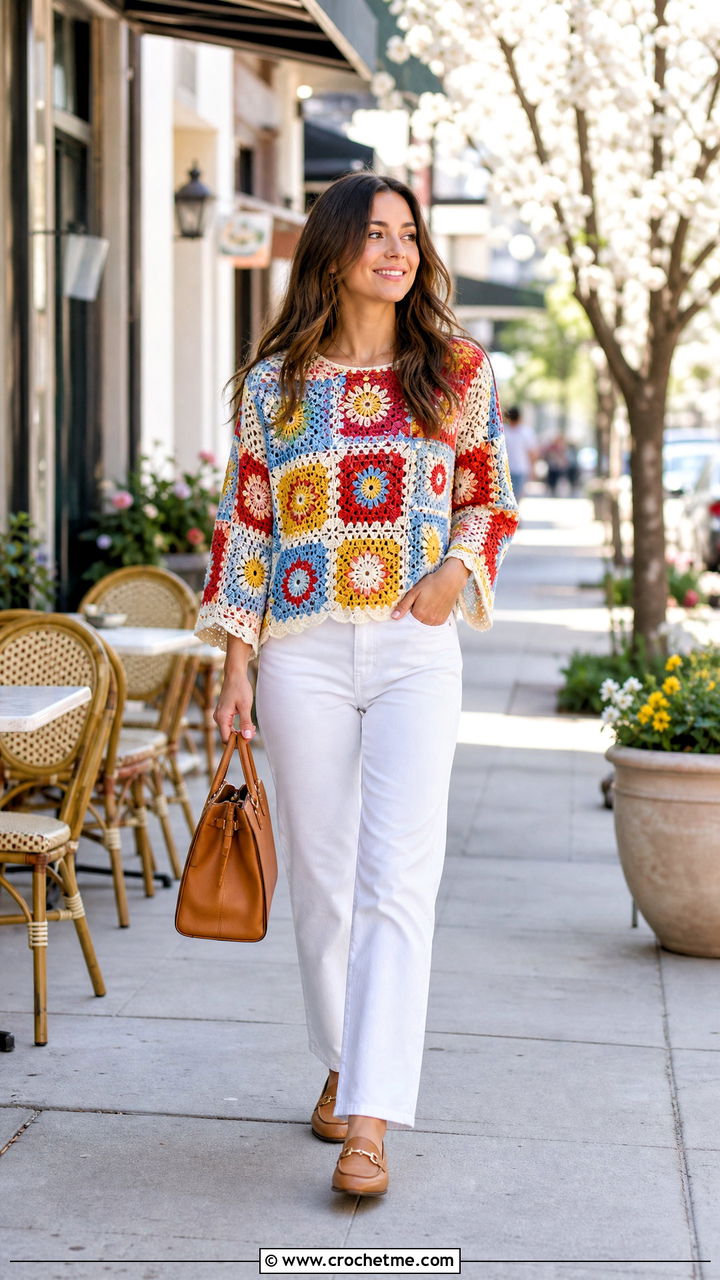 Patchwork Crochet Blouse With White Jeans - 35 crochet blouse outfit ideas