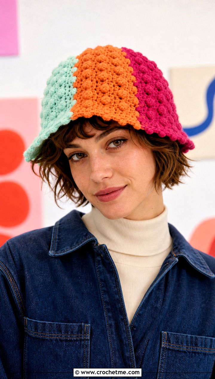 Patchwork Crochet Bobble Hat With Denim Jumpsuit - 30 crochet bobble hat outfit ideas