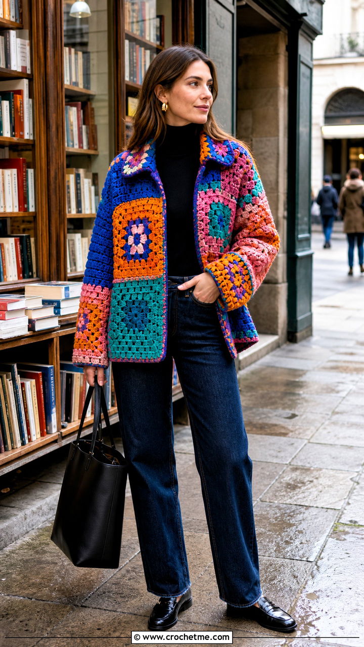 Patchwork Crochet Bog Jacket With Dark Wash Jeans - 35 Crochet Bog Jacket outfit ideas