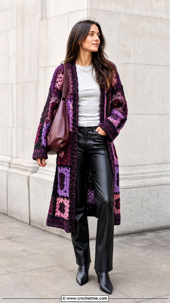 Patchwork Crochet Boho Cardigan With Leather Pants - 35 crochet boho cardigan outfit ideas