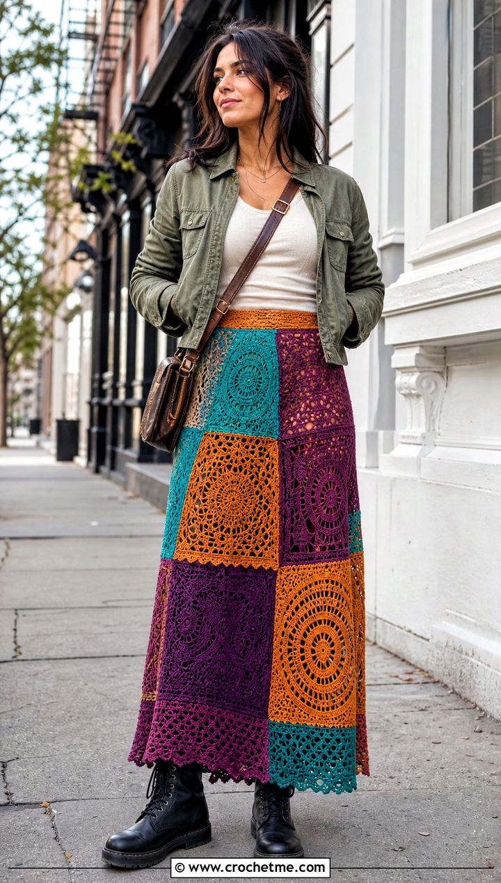 Patchwork Crochet Boho Maxi Skirt With Utility Jacket - 25 crochet boho skirt outfit ideas