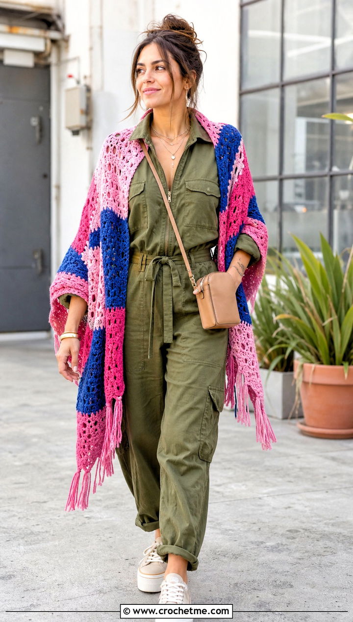 Patchwork Crochet Boho Shawl With Utility Jumpsuit - 30 crochet boho shawl outfit ideas