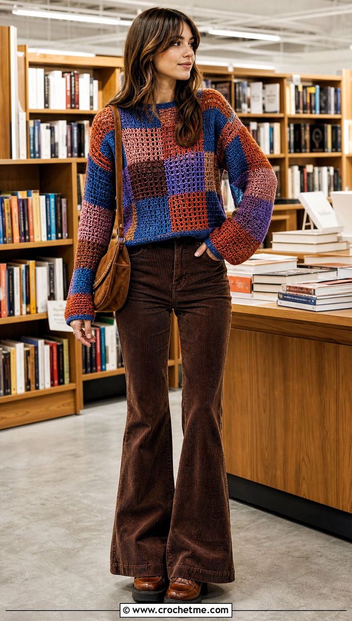 Patchwork Crochet Boho Sweater With Corduroy Pants - 30 crochet boho sweater outfit ideas