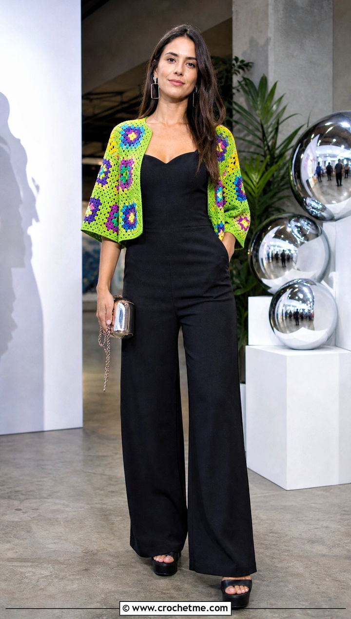 Patchwork Crochet Bolero With Black Jumpsuit - 25 Mini Crochet Sweater outfit ideas