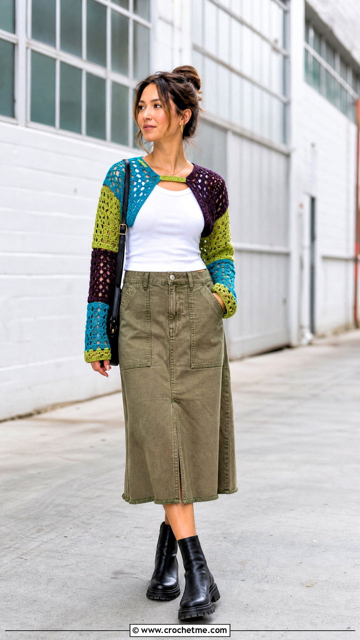 Patchwork Crochet Bolero With Utility Skirt - 35 crochet bolero outfit ideas