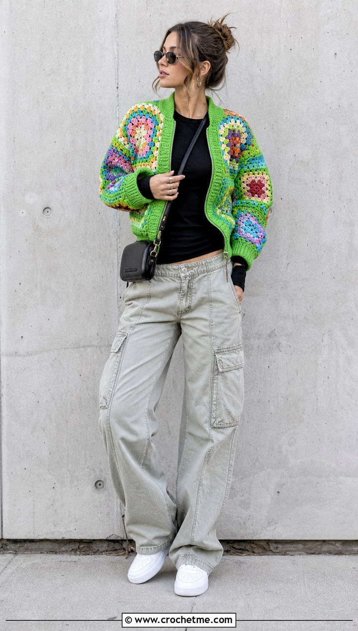 Patchwork Crochet Bomber Jacket With Cargo Pants - 30 Fall Crochet Clothes Ideas