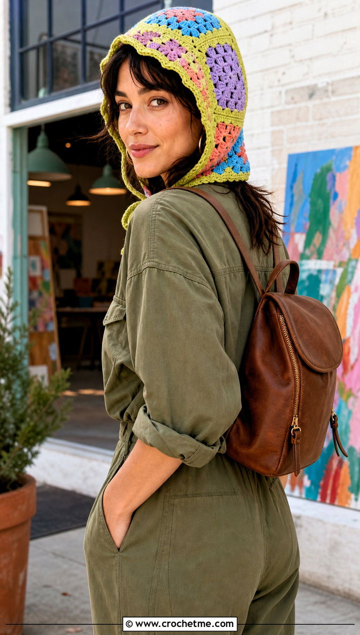 Patchwork Crochet Bonnet With Utility Jumpsuit - 25 Easy Crochet Bonnet outfit ideas