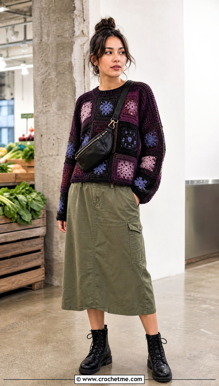 Patchwork Crochet Boxy Sweater With Utility Skirt - 25 Crochet Boxy Sweater outfit ideas