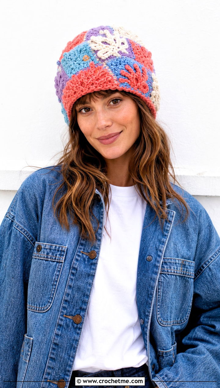 Patchwork Crochet Bubble Beanie With Double Denim - 20 Crochet Bubble Hat outfit ideas