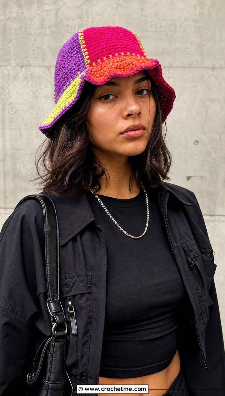 Patchwork Crochet Bucket Hat With Black Outfit - 25 crochet bucket hat ideas