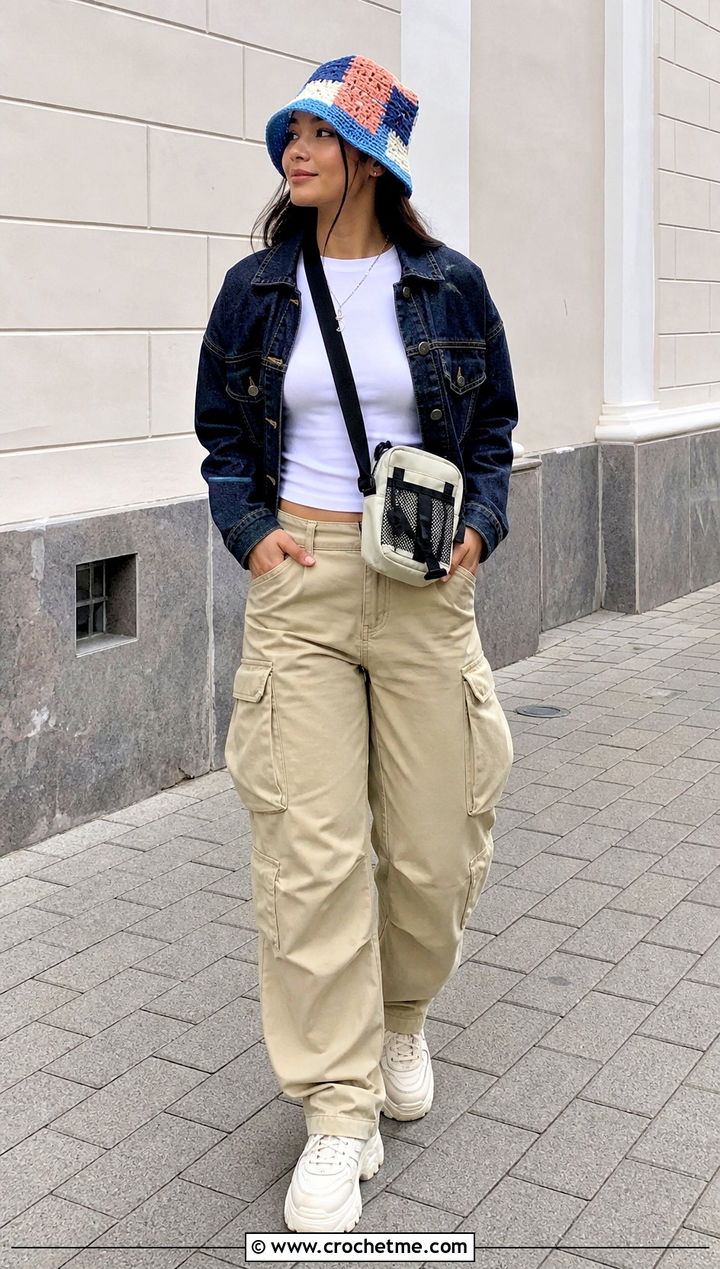 Patchwork Crochet Bucket Hat With Cargo Pants - 35 easy crochet hat for women outfit ideas