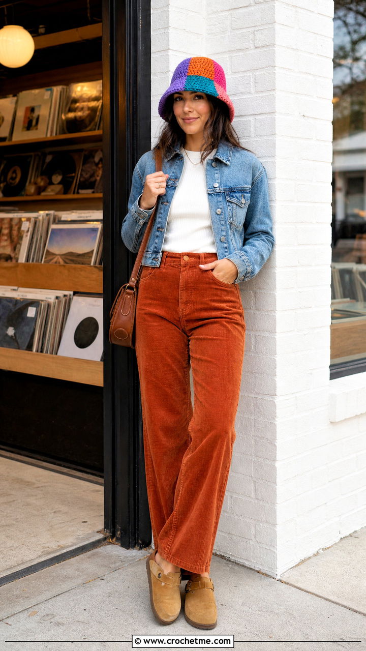 Patchwork Crochet Bucket Hat With Denim Jacket And Corduroy Pants - 35 crochet bucket hats outfit ideas