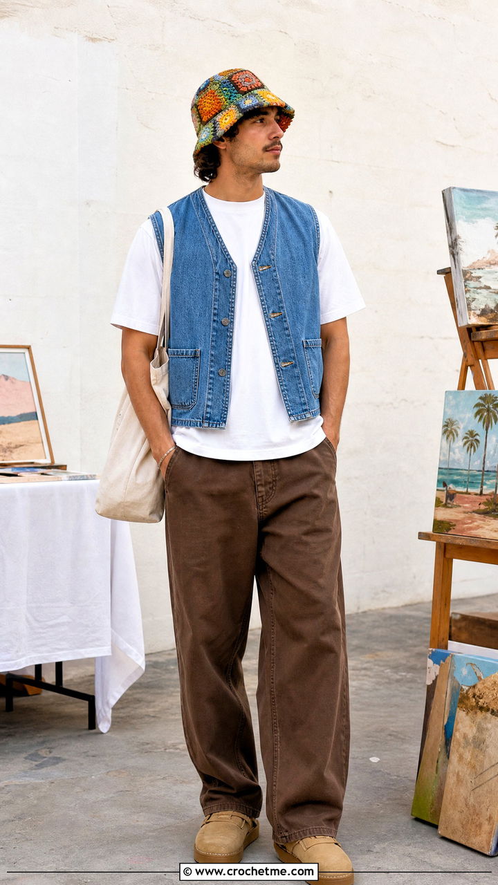 Patchwork Crochet Bucket Hat With Denim Vest - 35 men's crochet hat outfit ideas