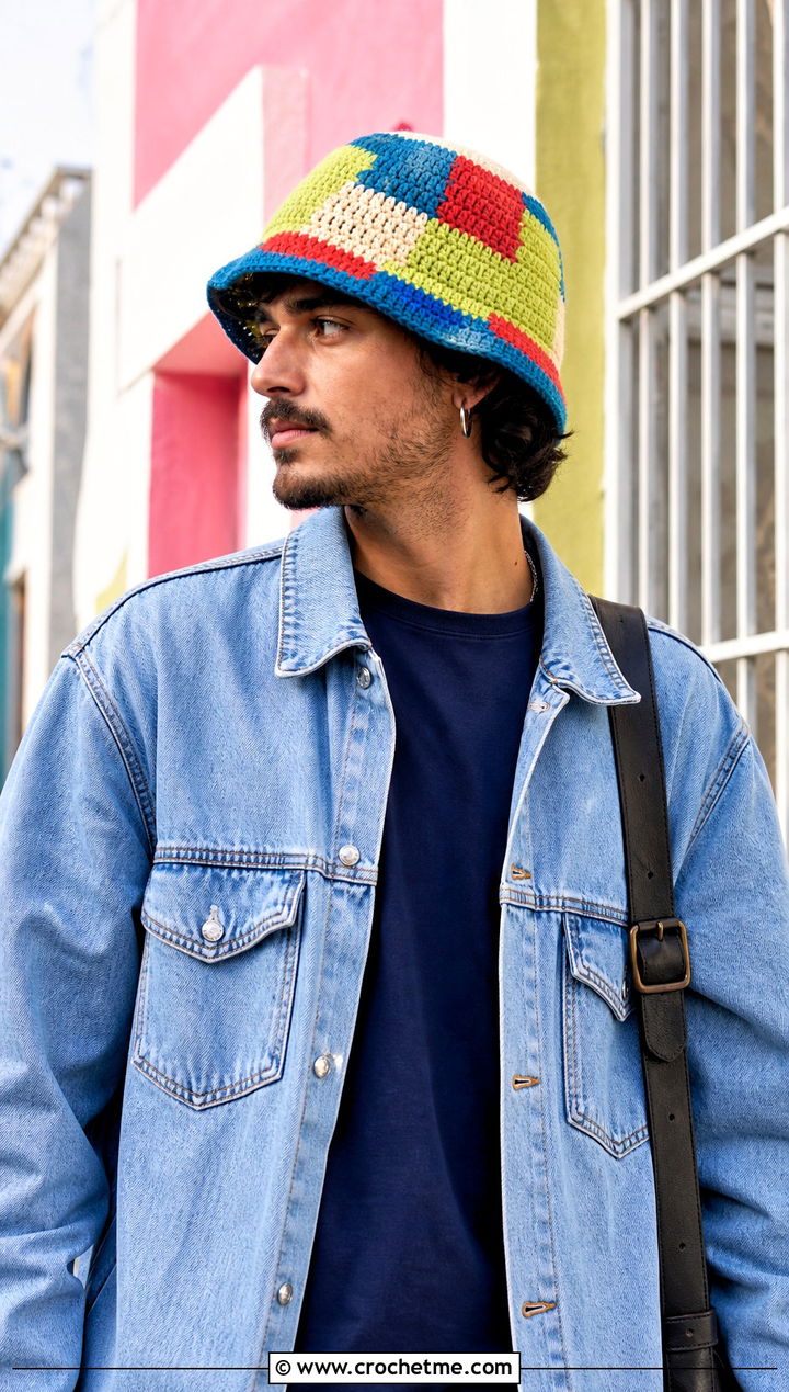 Patchwork Crochet Bucket Hat With Double Denim - 15 mens crochet bucket hat outfit ideas