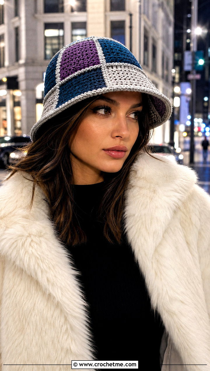 Patchwork Crochet Bucket Hat With Faux Fur Coat - 30 winter crochet hats outfit ideas