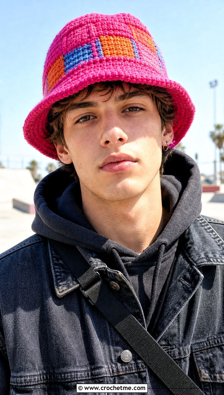 Patchwork Crochet Bucket Hat With Hoodie And Baggy Jeans - 30 men's crochet hats outfit ideas