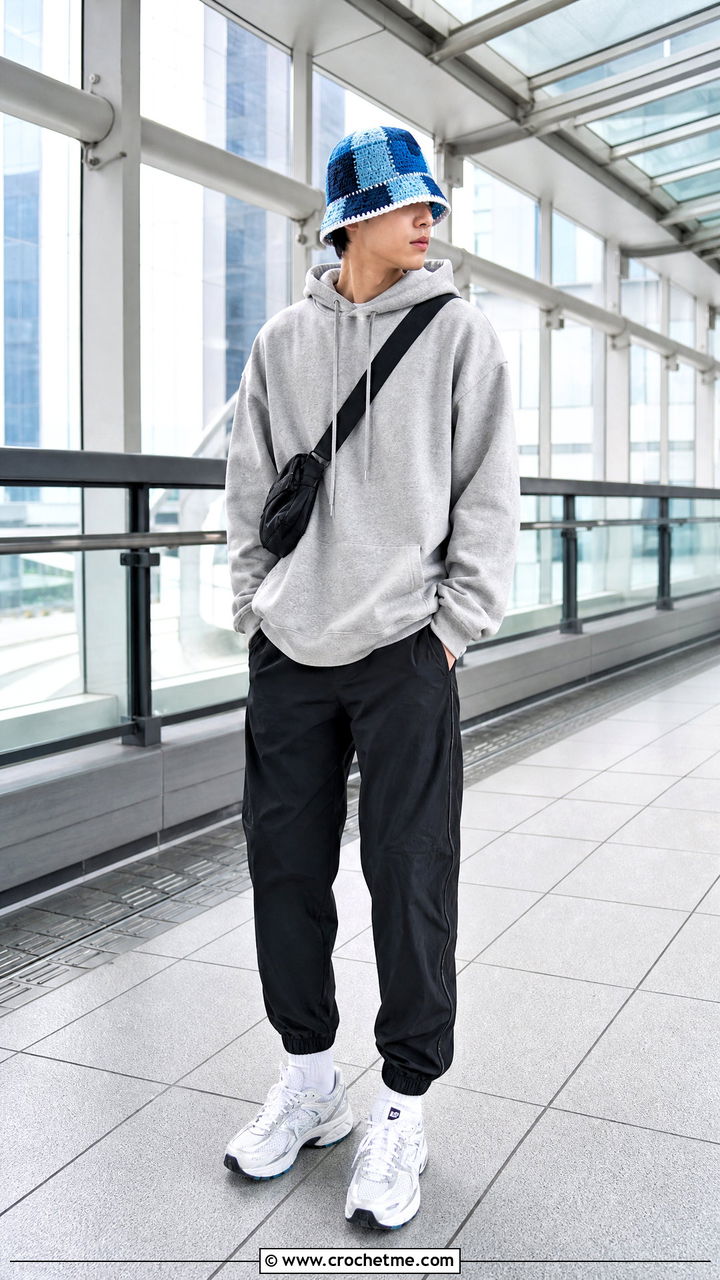 Patchwork Crochet Bucket Hat With Hoodie And Track Pants - 35 crochet hat men outfit ideas