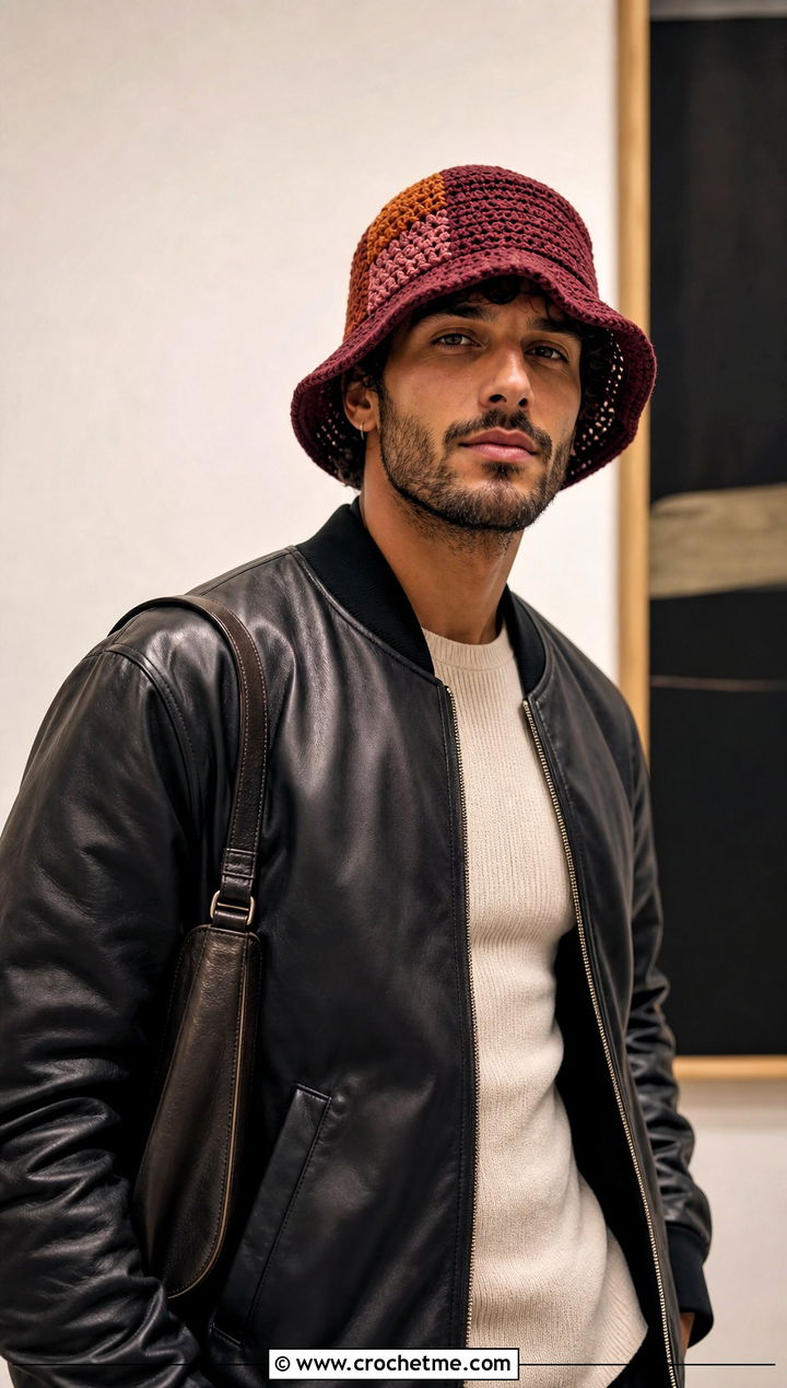 Patchwork Crochet Bucket Hat With Leather Bomber And Trousers - 15 men's crochet bucket hat outfit ideas