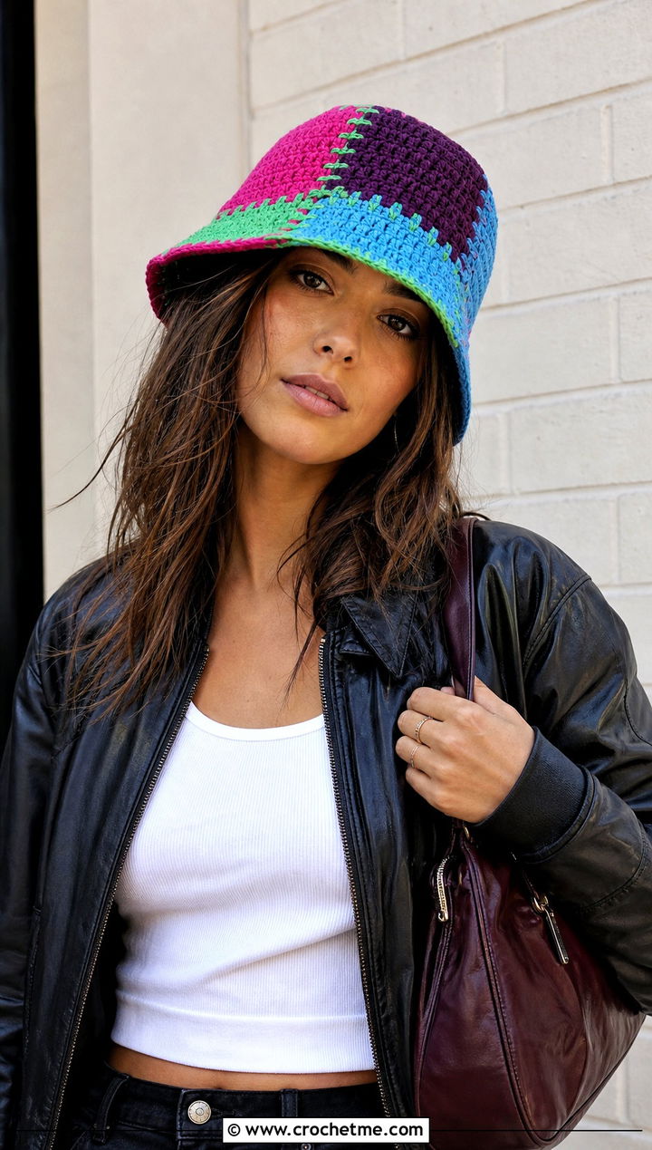 Patchwork Crochet Bucket Hat With Leather Jacket - 25 fast crochet hat outfit ideas