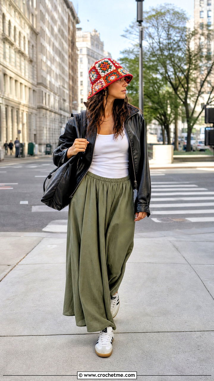 Patchwork Crochet Bucket Hat With Leather Jacket - 35 crochet summer hats outfit ideas