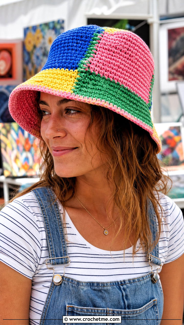 Patchwork Crochet Bucket Hat With Overalls - 25 crocheting bucket hat outfit ideas